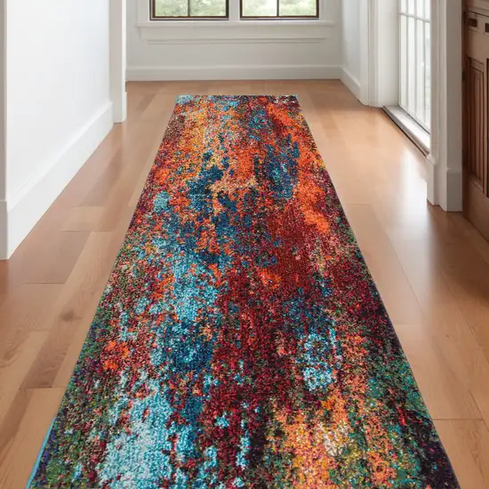 Blue and Orange Abstract Power Loom Runner Rug Photo 1