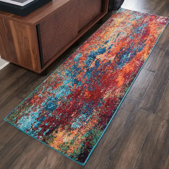 Blue and Orange Abstract Power Loom Runner Rug Photo 7