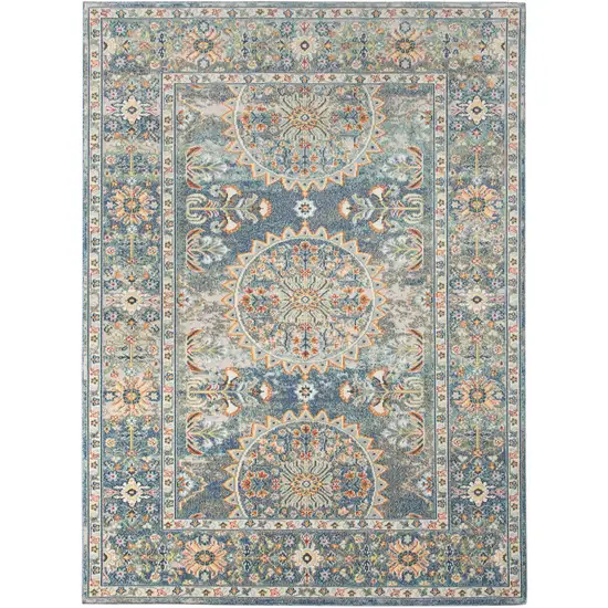 Blue and Orange Floral Medallion Stain Resistant Indoor Outdoor Area Rug Photo 2