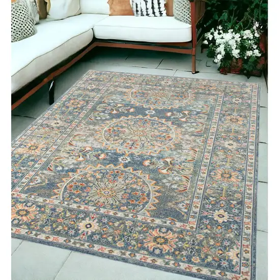 Blue and Orange Floral Medallion Stain Resistant Indoor Outdoor Area Rug Photo 1