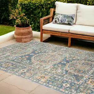 Photo of Blue and Orange Floral Medallion Stain Resistant Indoor Outdoor Area Rug