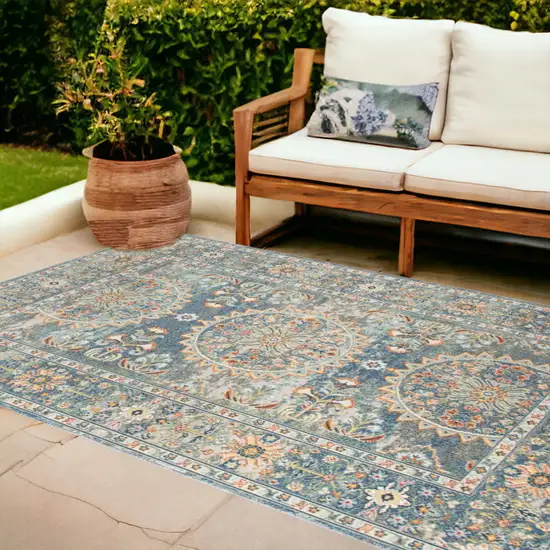 Blue and Orange Floral Medallion Stain Resistant Indoor Outdoor Area Rug Photo 1