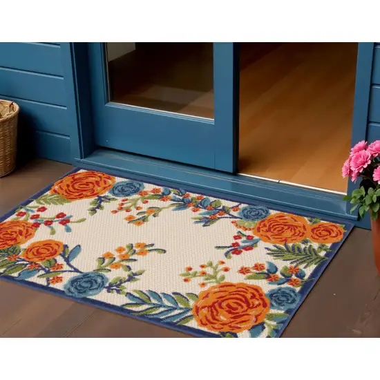 Ivory Orange and Blue Floral Indoor Outdoor Area Rug Photo 1