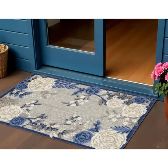 Blue and Gray Floral Indoor Outdoor Area Rug Photo 1