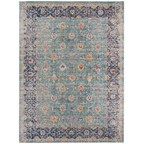 Blue and Orange Floral Power Loom Distressed Area Rug Photo 1