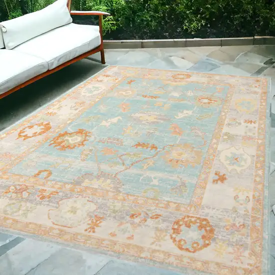 Blue and Orange Floral Stain Resistant Indoor Outdoor Area Rug Photo 1