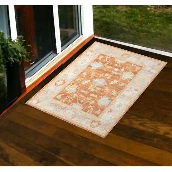 Blue and Orange Floral Stain Resistant Indoor Outdoor Area Rug Photo 1