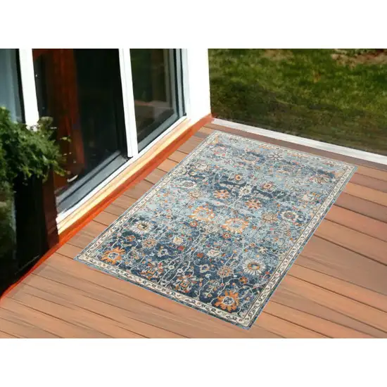 Blue and Orange Floral Stain Resistant Indoor Outdoor Area Rug Photo 1