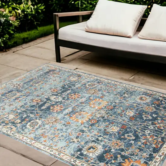 Blue and Orange Floral Stain Resistant Indoor Outdoor Area Rug Photo 1