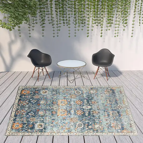 Blue and Orange Floral Stain Resistant Indoor Outdoor Area Rug Photo 5