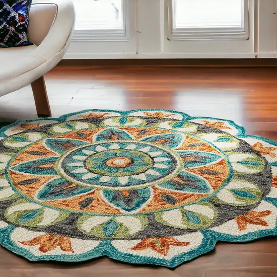 6' Blue And Green Round Wool Geometric Hand Tufted Area Rug Photo 2