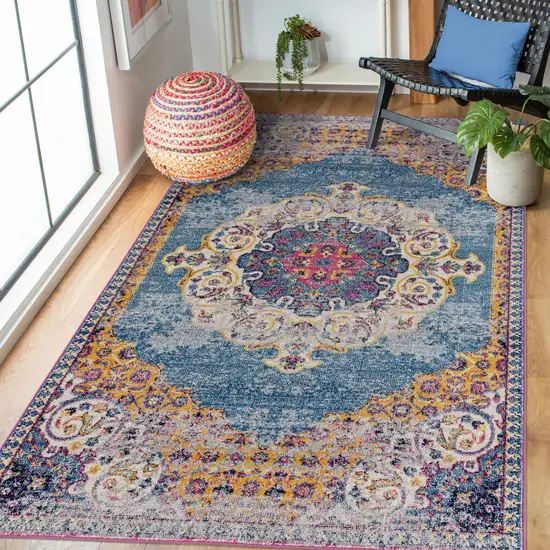 Blue and Orange Medallion Power Loom Area Rug Photo 6