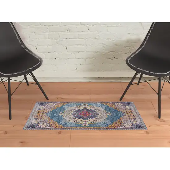 Blue and Orange Medallion Power Loom Area Rug Photo 3