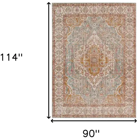 Blue and Orange Oriental Power Loom Distressed Area Rug Photo 8