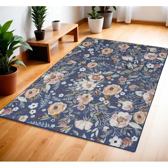 Blue and Pink Floral Power Loom Non Skid Area Rug Photo 1