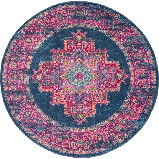 4' Blue And Pink Medallion Distressed Round Rug Photo 2