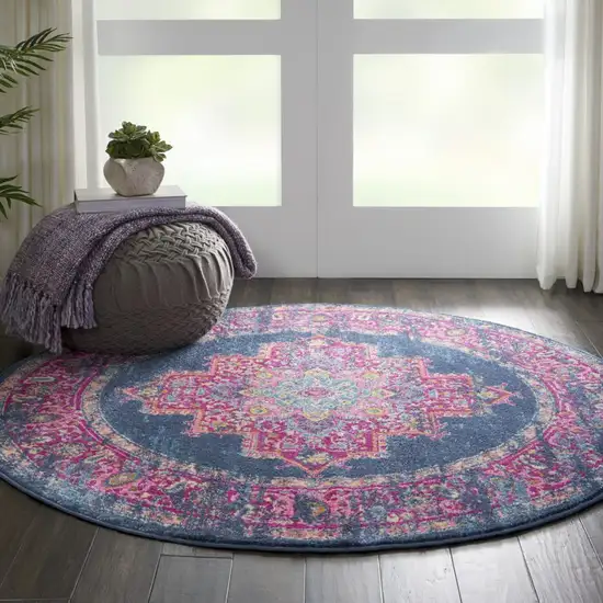 Blue and Pink Medallion Area Rug Photo 4