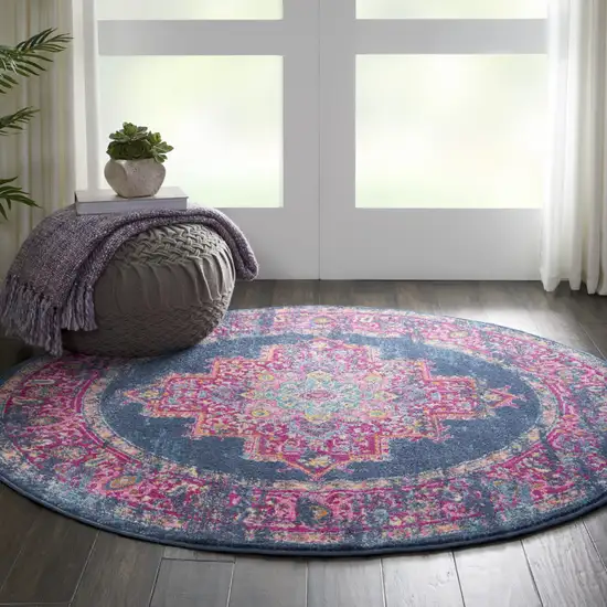 4' Blue And Pink Medallion Distressed Round Rug Photo 8