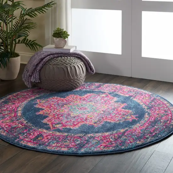 Blue and Pink Medallion Area Rug Photo 4