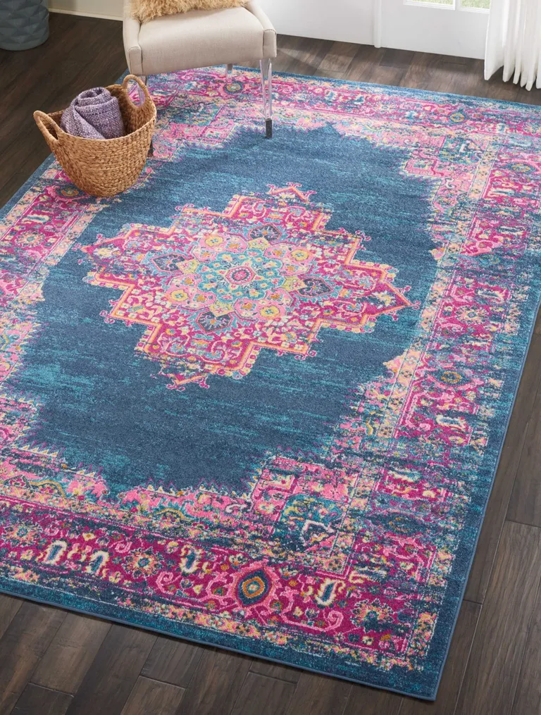 Blue and Pink Medallion Area Rug Photo 4