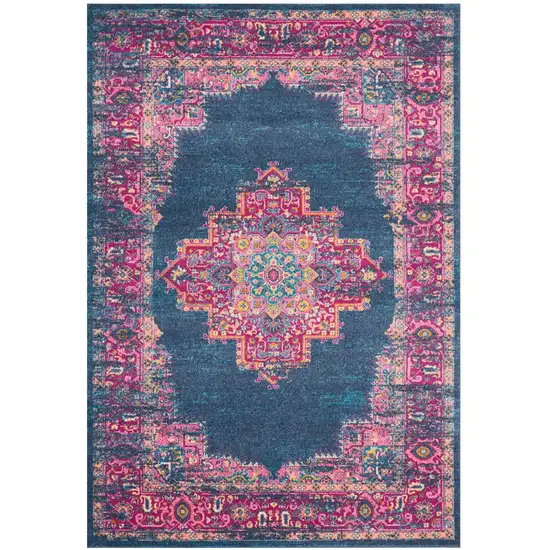 Blue And Pink Medallion Distressed Area Rug Photo 8