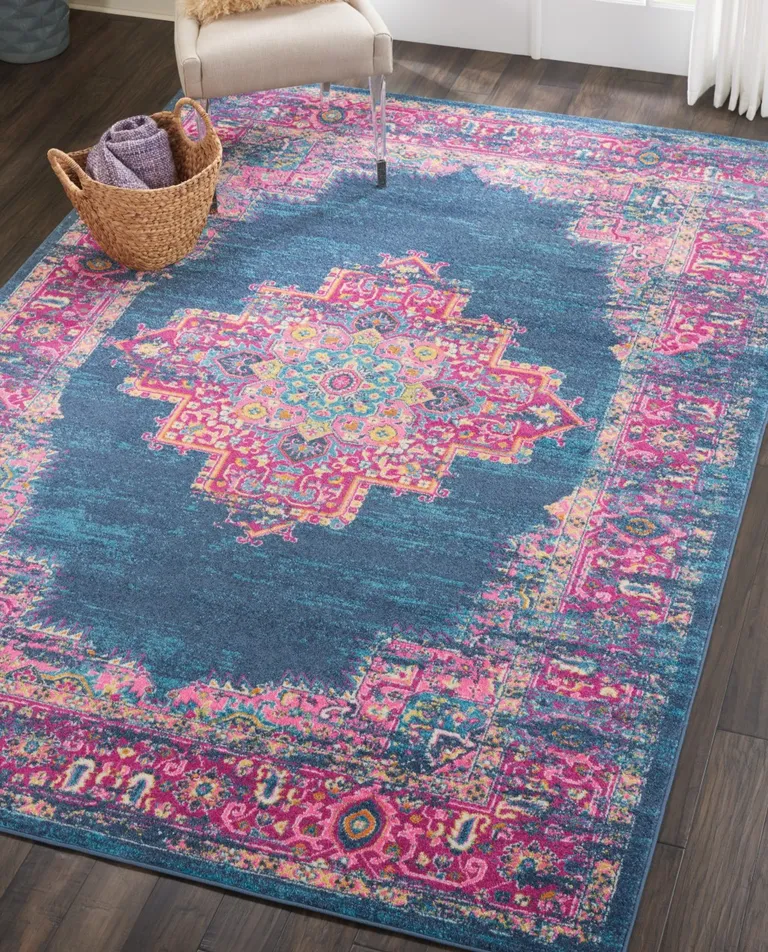 Blue and Pink Medallion Area Rug Photo 5