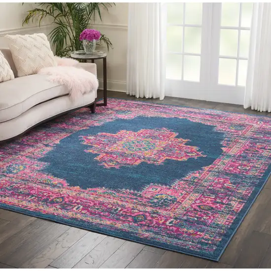 Blue And Pink Medallion Distressed Area Rug Photo 8