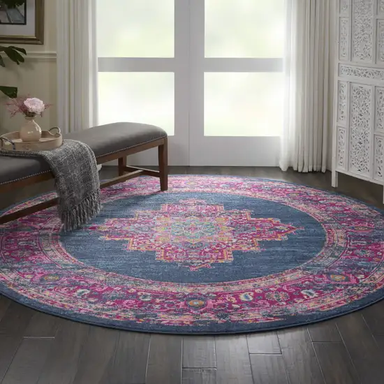 8' Blue And Pink Medallion Distressed Round Rug Photo 9