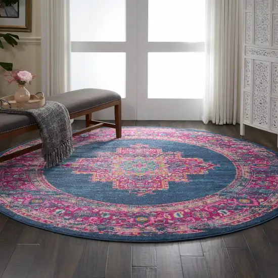 Blue and Pink Medallion Area Rug Photo 5