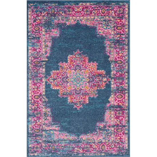 Blue And Pink Medallion Distressed Area Rug Photo 1