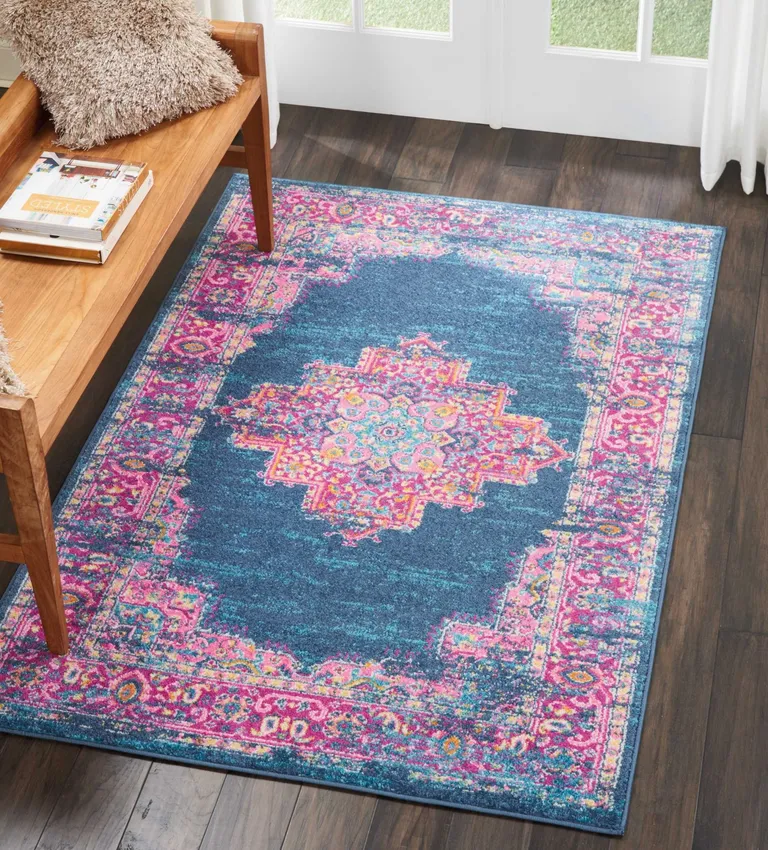 Blue and Pink Medallion Area Rug Photo 5