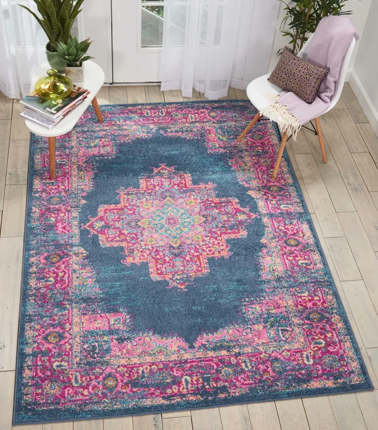 Blue and Pink Medallion Area Rug Photo 5