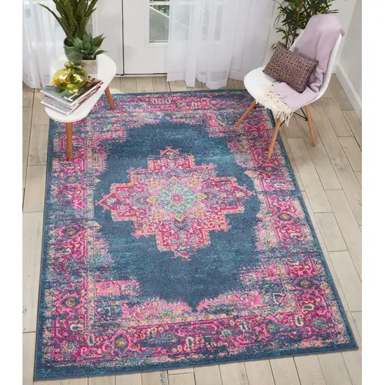 Blue and Pink Medallion Area Rug Photo 5