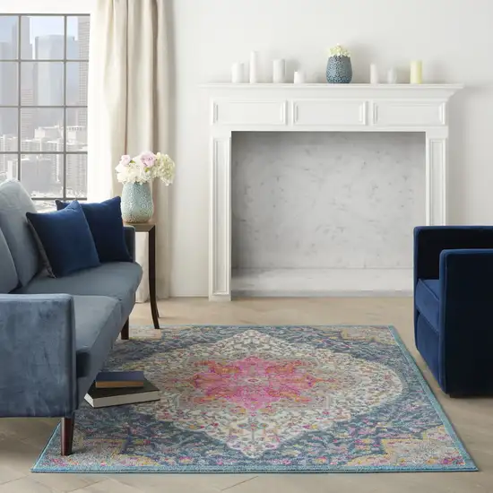 Blue and Pink Medallion Area Rug Photo 5