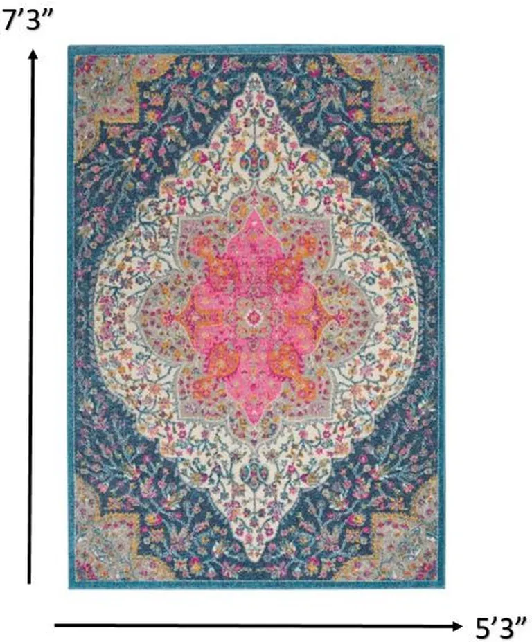 Blue and Pink Medallion Area Rug Photo 3