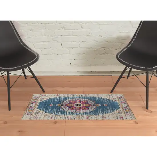 Blue and Pink Medallion Power Loom Area Rug Photo 3