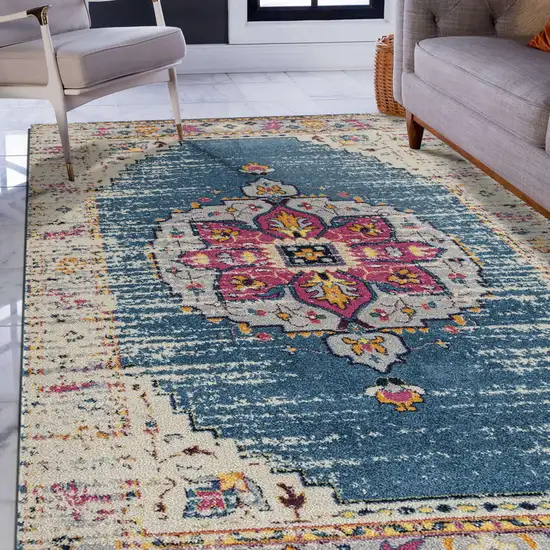 Blue and Pink Medallion Power Loom Area Rug Photo 6