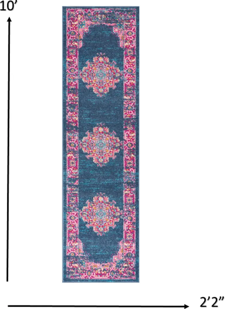 Blue and Pink Medallion Runner Rug Photo 3