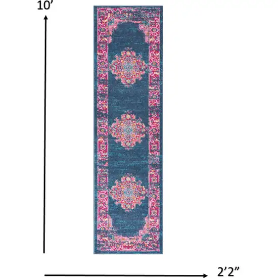 Blue and Pink Medallion Runner Rug Photo 3