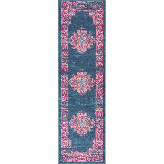 Blue and Pink Medallion Runner Rug Photo 1