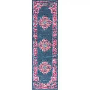 Photo of Blue and Pink Medallion Runner Rug