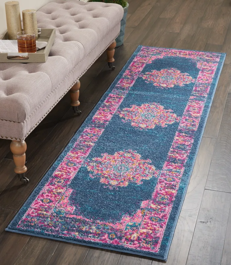 Blue and Pink Medallion Runner Rug Photo 4