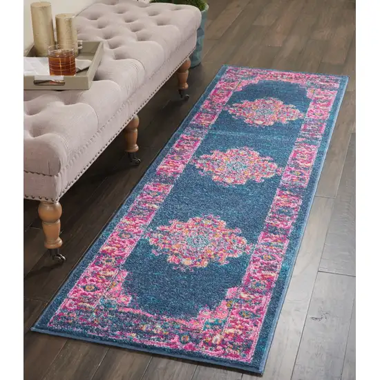 Blue and Pink Medallion Runner Rug Photo 4