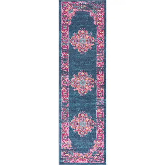 10' Blue And Pink Medallion Distressed Runner Rug Photo 1