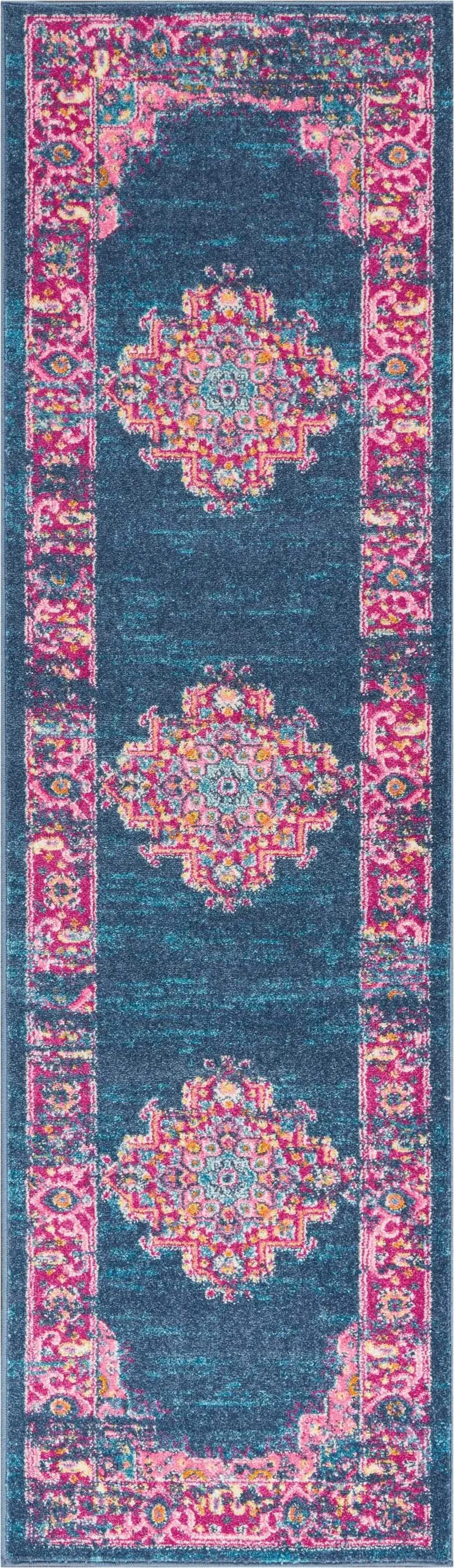 Blue and Pink Medallion Runner Rug Photo 2