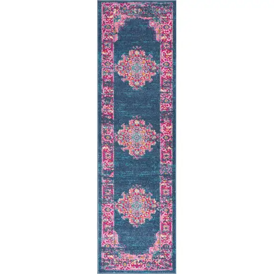 Blue and Pink Medallion Runner Rug Photo 1