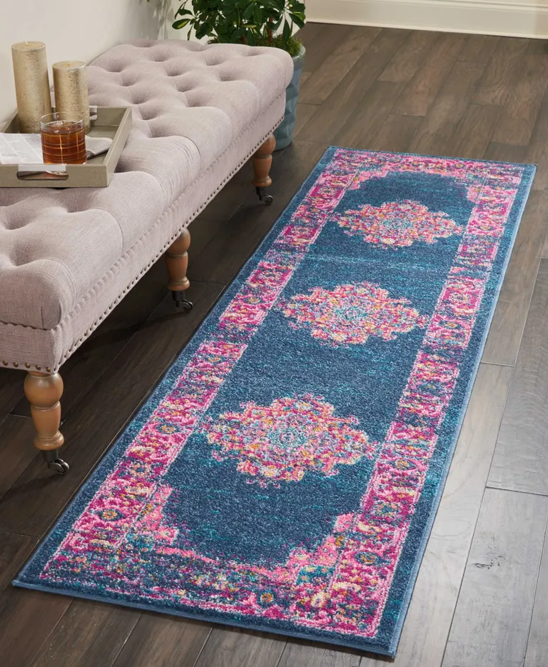 Blue and Pink Medallion Runner Rug Photo 1