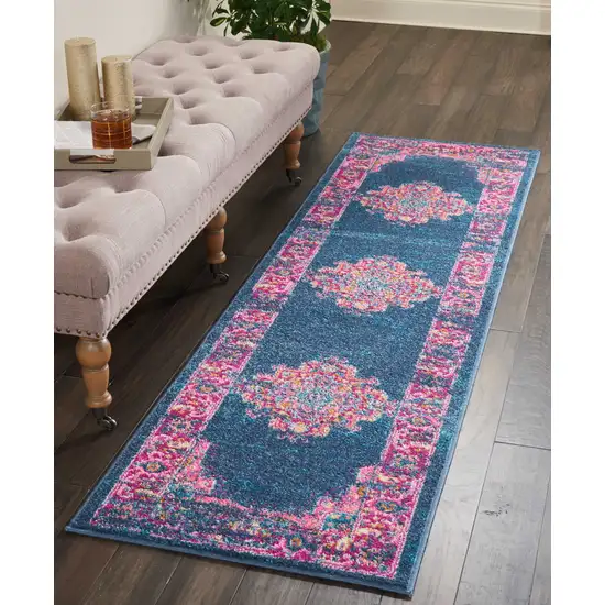 Blue and Pink Medallion Runner Rug Photo 5