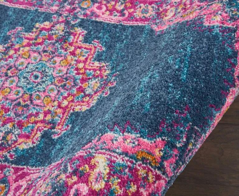 Blue and Pink Medallion Runner Rug Photo 3