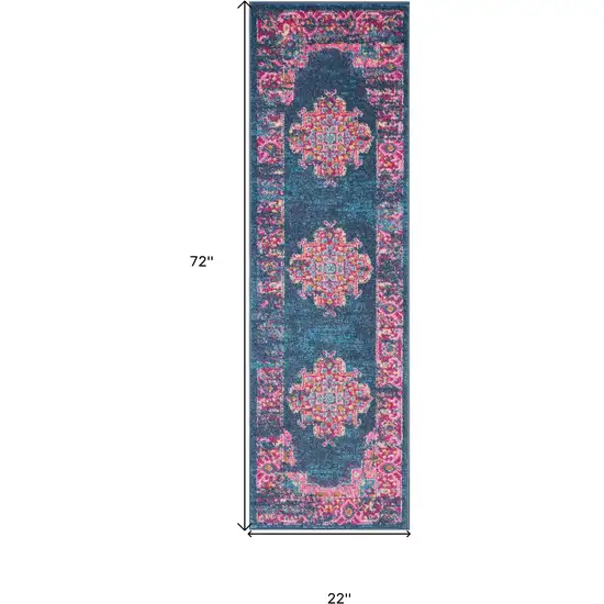 6' Blue And Pink Medallion Distressed Runner Rug Photo 9